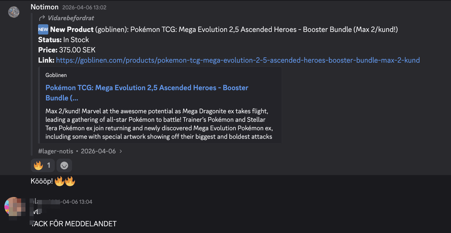 Notimon Discord-notis: Ascended Heroes Booster Bundle i lager hos Goblinen för 375 kr, med glada reaktioner från medlemmar